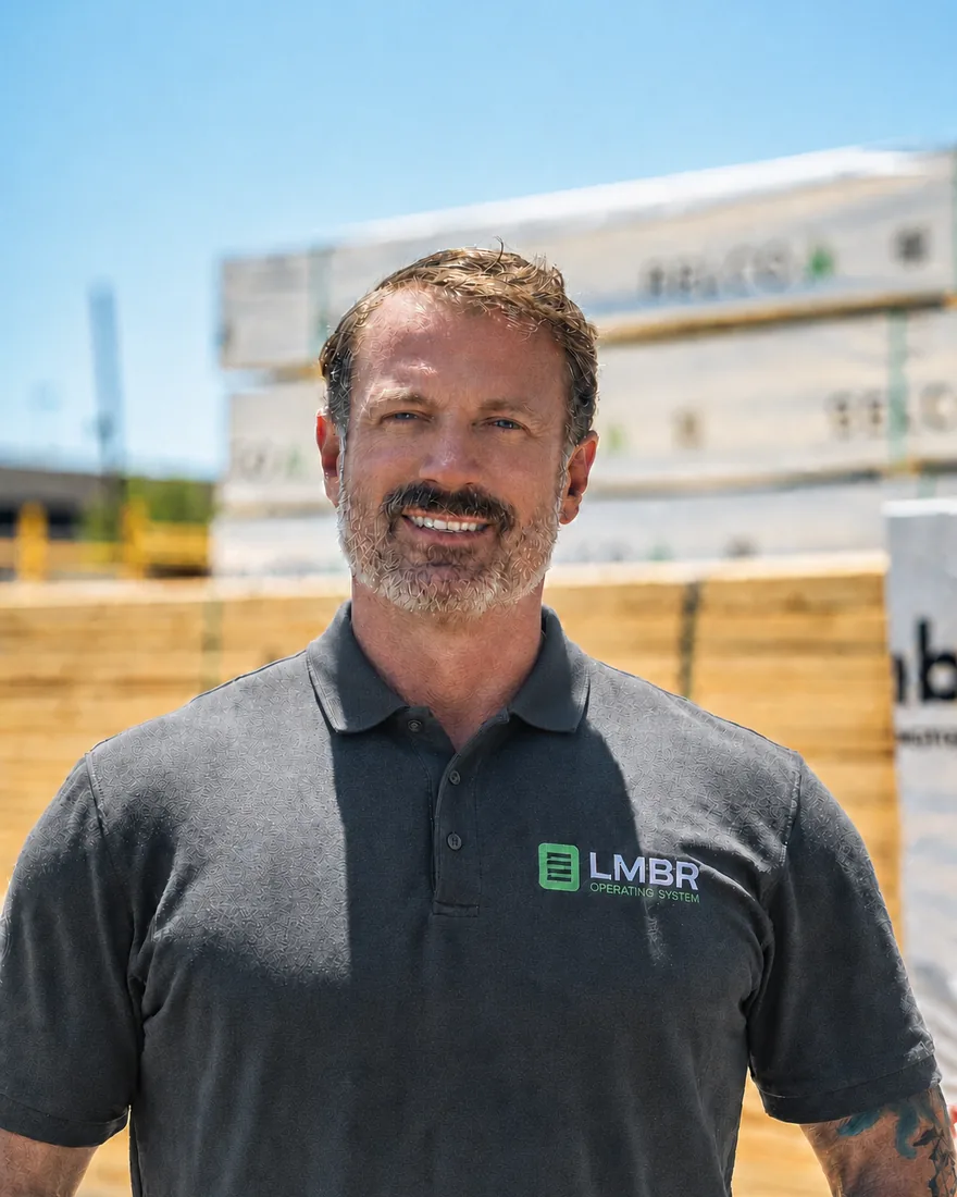 Kenny Mays, founder of SHNGL, standing in a lumberyard
